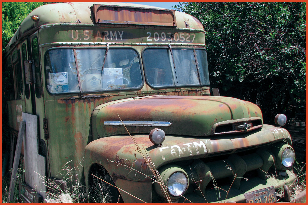 image of a ruined bus in a forest