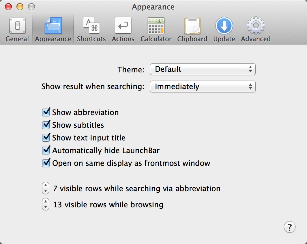 **Figure 57:** Tweak LaunchBar’s looks with these useful preferences.