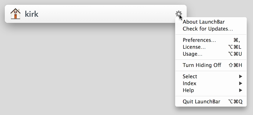 **Figure 5:** The LaunchBar menu opens when you click the gear wheel icon. This menu lets you interact with LaunchBar itself.