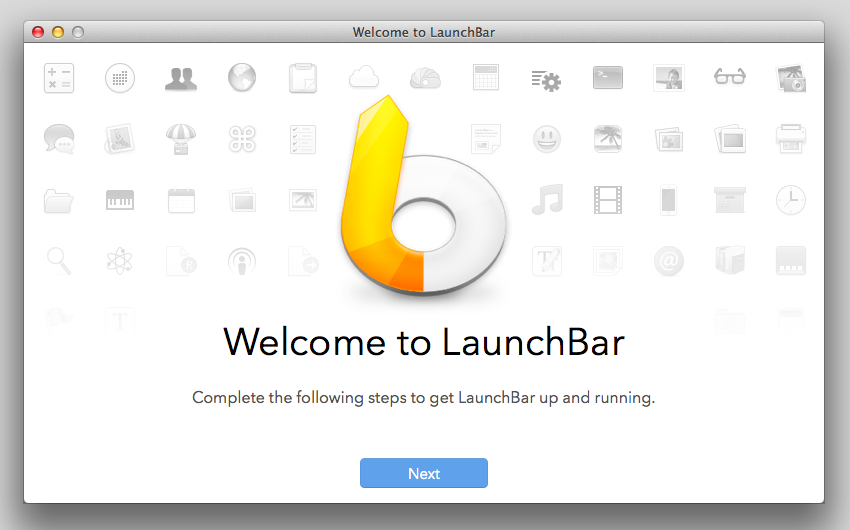 **Figure 1:** When you first launch LaunchBar, you’ll see its welcome screen. Click Next to go through some basic setup options.