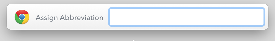 **Figure 12:** Select an item in LaunchBar’s search results, then press Command-Option-A to bring up the Assign Abbreviation field. Type your abbreviation, then press Return to have LaunchBar record it.