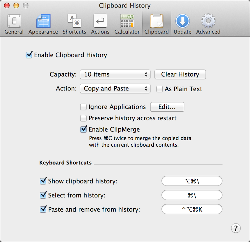 **Figure 59:** Access clipboard history settings, such as the number of items that LaunchBar stores, and the keyboard shortcuts you use for clipboard history, from the Clipboard History preference pane.