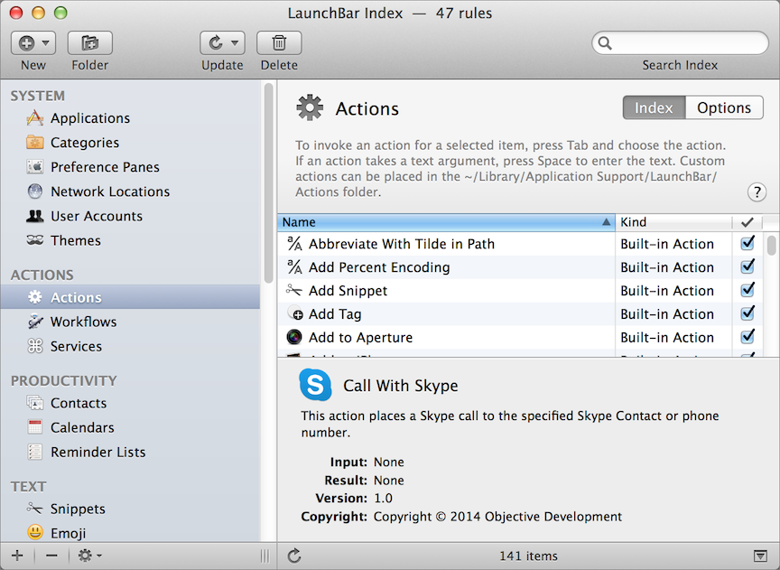 **Figure 52:** You can see all the actions available to LaunchBar in the Index window. De-select any that you don’t want to use.