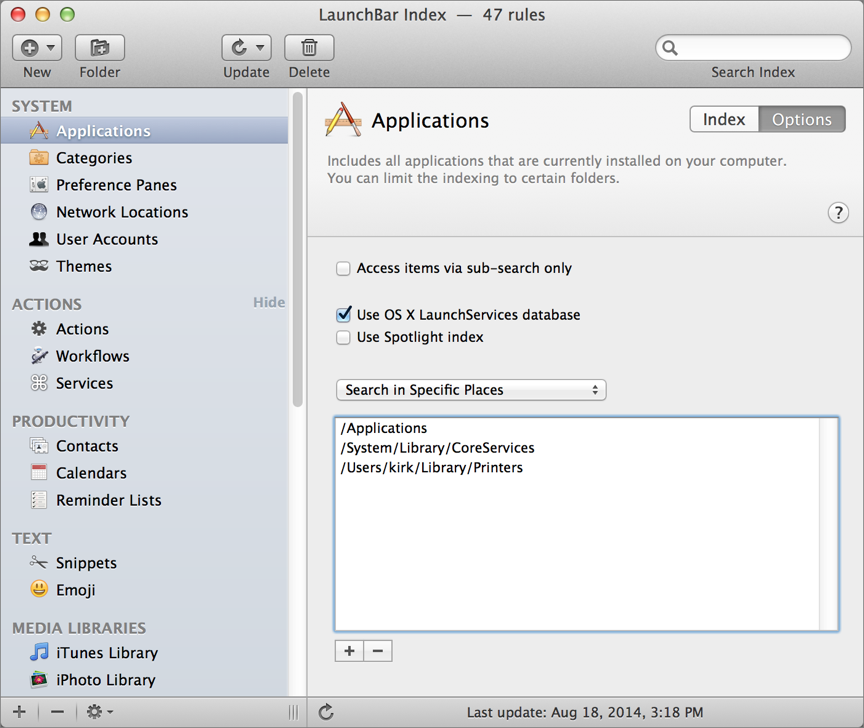 **Figure 60:** The LaunchBar Index window, with the Applications rule selected in the left sidebar and the Applications pane at the right showing its Options view.