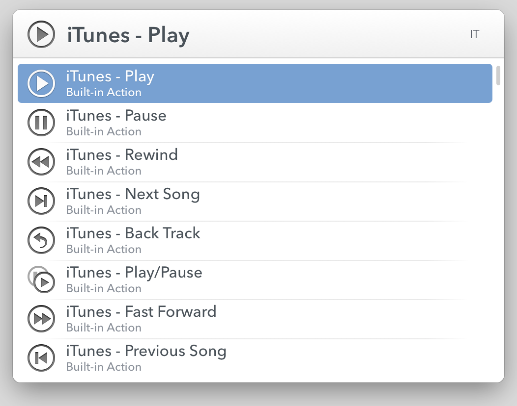 **Figure 43:** These are some of the iTunes actions in LaunchBar.