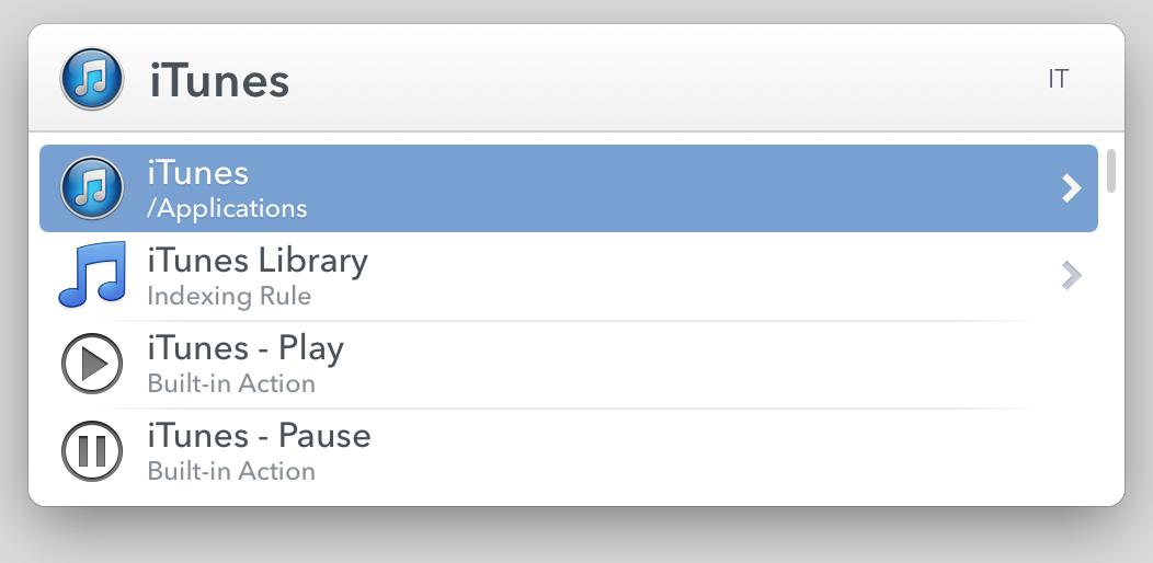 **Figure 6:** The IT at the right of the bar shows that I’ve searched with IT. The first found item, highlighted in blue, is iTunes. You might see a different first item, but you can train LaunchBar to do what you want.