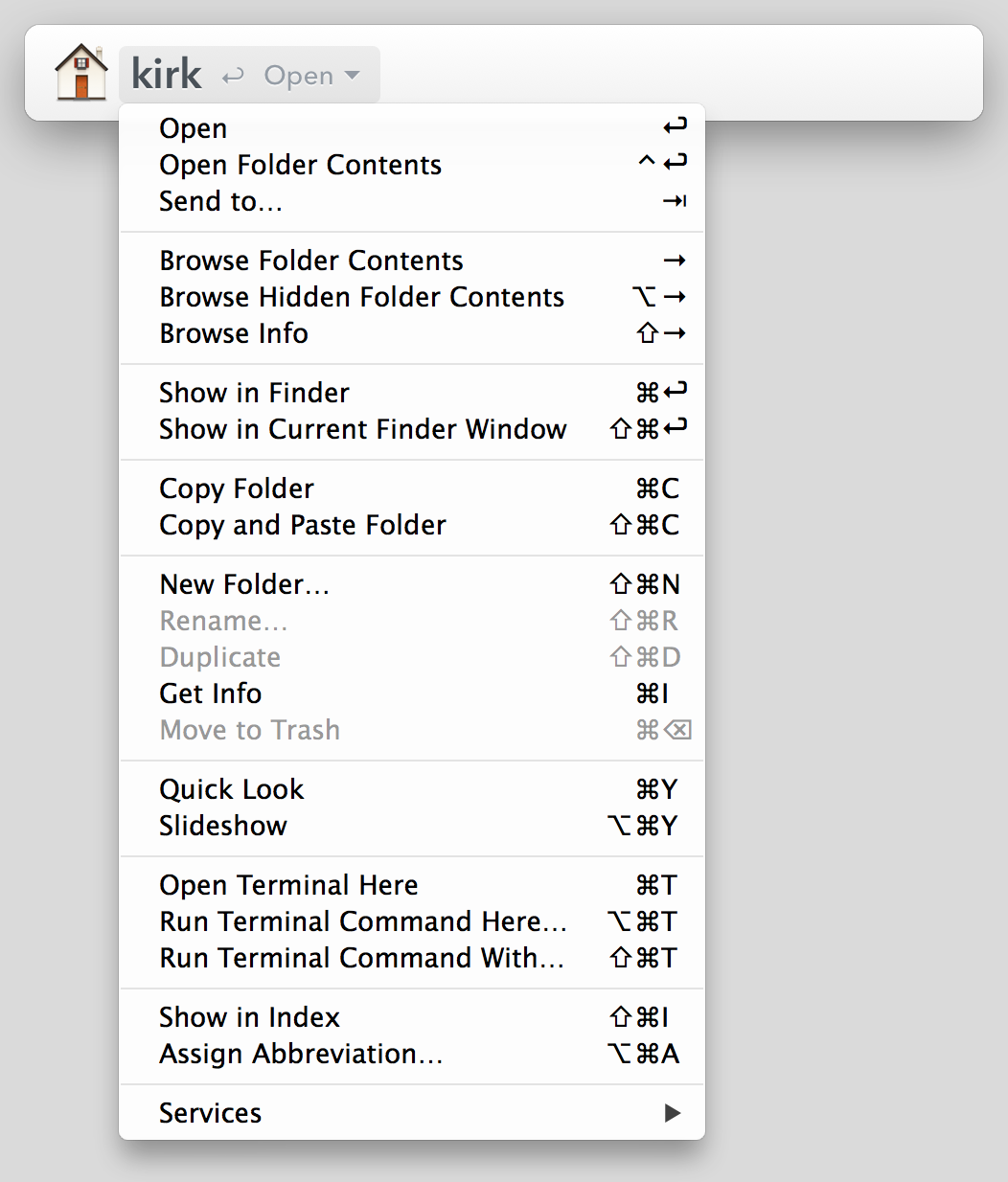 **Figure 4:** You can do a lot from the Action menu. The keyboard shortcuts shown on the menu, such as Shift-Command-Return for Show in Current Finder Window, remind you that you can issue these commands from the keyboard too. (Depending on what is on the bar, you may see a different menu.)