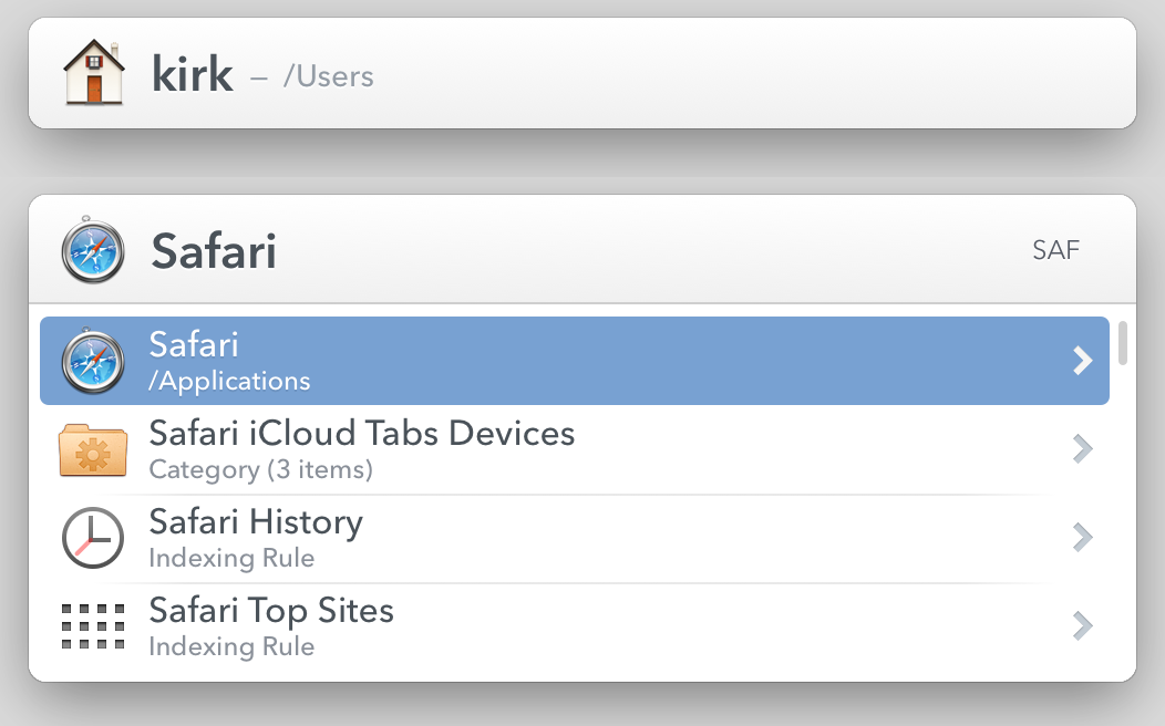 **Figure 11:** The LaunchBar bar. Top: The bar as it displays when you invoke it. Bottom: The bar showing the results of typing SAF. (To add more information to each item in the results list shown here, I’ve turned on subtitles.)