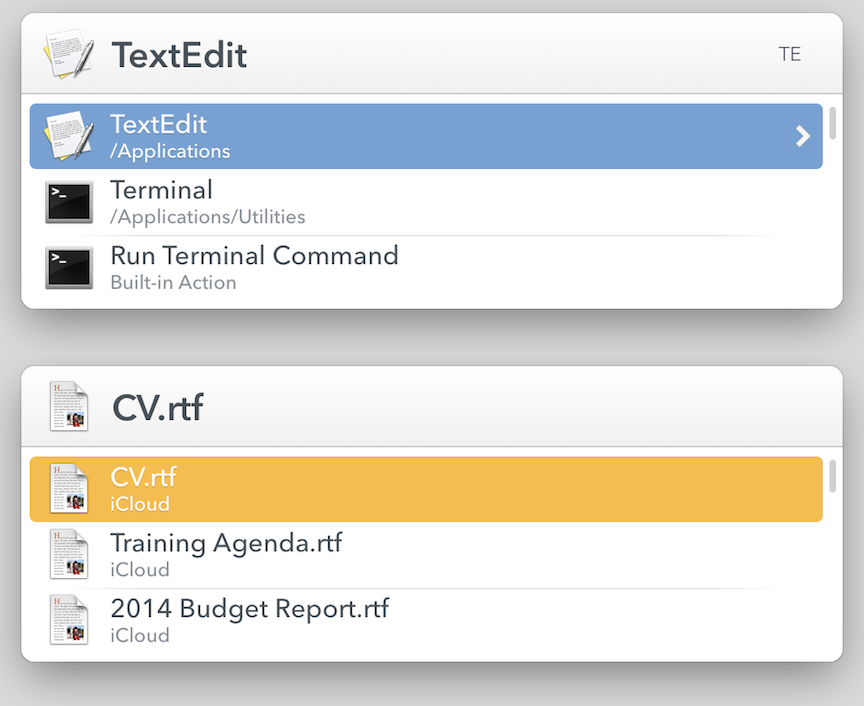 **Figure 13:** Opening a file by browsing an app’s recently opened list. Top: After invoking the bar and typing an abbreviation for TextEdit, I selected the app. Bottom: With TextEdit selected, I pressed the Space bar to see TextEdit’s recently opened items.