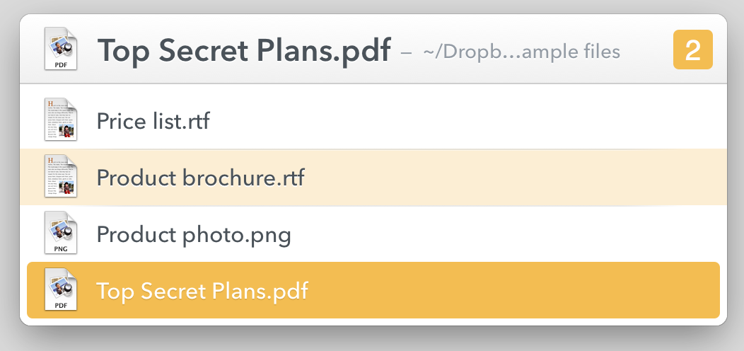 **Figure 8:** ⁠LaunchBar is showing that two items are in the staging area; Product brochure.rtf is staged and Top Secret Plans.pdf is implicitly staged.