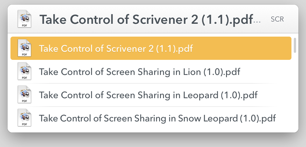 **Figure 18:** The SCR at the right of the bar indicates that Tonya has just typed those letters. The orange highlighting of the text just below the bar shows that she is sub-searching. She’s found a PDF file that contains the word Scrivener in its title.