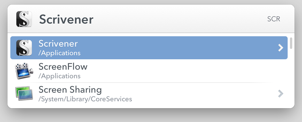 **Figure 19:** When Tonya abbreviation-searches with SCR, she sees different results than when she sub-searches with SCR in her Take Control Ebooks folder. The blue highlight reminds us that this is an abbreviation search of the entire index.