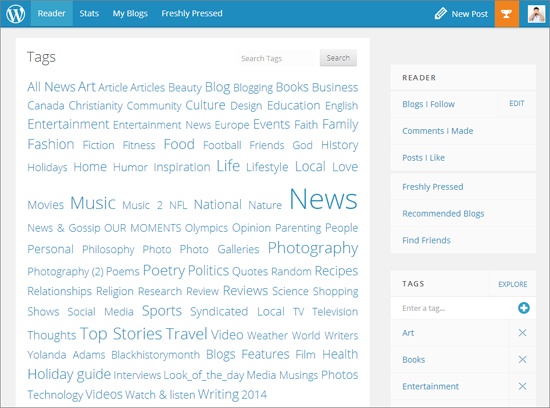 This grouping of tags shows the most popular topics of the moment. The bigger tags (like Music and News) have more recent posts. Click a tag that interests you to see a list of recent posts on that subject.