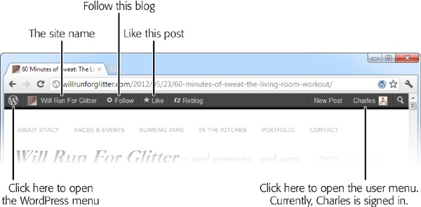 The WordPress toolbar takes only a few pixels of space, but it’s stocked with useful commands. Hover over the WordPress icon on the left, and you’ll see a menu that lets you jump to different parts of the WordPress.com site. Hover over your user name on the right, and you’ll see a menu that lets you edit your profile, manage your blogs, and sign out. Or, use the Favorite and Like buttons to track interesting content.