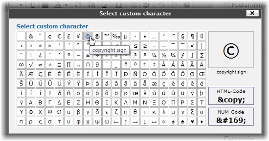 Here, you’re about to insert the copyright symbol into a post.