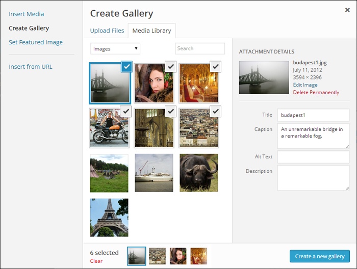 WordPress denotes selected pictures with checkmarks. Here, the selected pictures are the six photos you just uploaded.