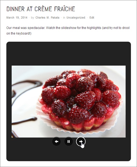 When you visit a page that contains a slideshow, you see a box with your image against a black background. WordPress holds on each pic for about 4 seconds. Although you can’t change the speed of the slideshow, viewers can use the pause button to halt it and the arrow buttons to move through the pictures at their own pace.