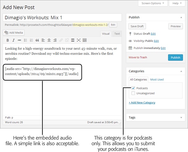 This post has the two key ingredients that make it a podcast—embedded audio and a podcast-specific category.