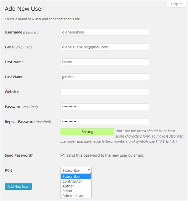 There’s nothing mysterious about the Add New User page. Here, the site’s administrator has typed in the sign-up information for a person with the user name dianejenkins and is specifying her site privileges using the Role drop-down list.
