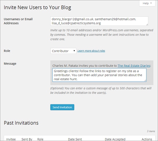 WordPress will send this invitation to three people, offering them the chance to become site contributors.