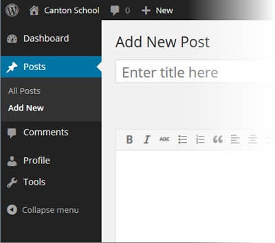 Different people see different versions of the WordPress dashboard. In this example, a contributor has logged into the Canton School site. This dashboard has commands for creating posts, reading comments (but not moderating them), and changing the contributor’s profile. It doesn’t offer commands for changing the site’s theme, its widgets, or its settings.