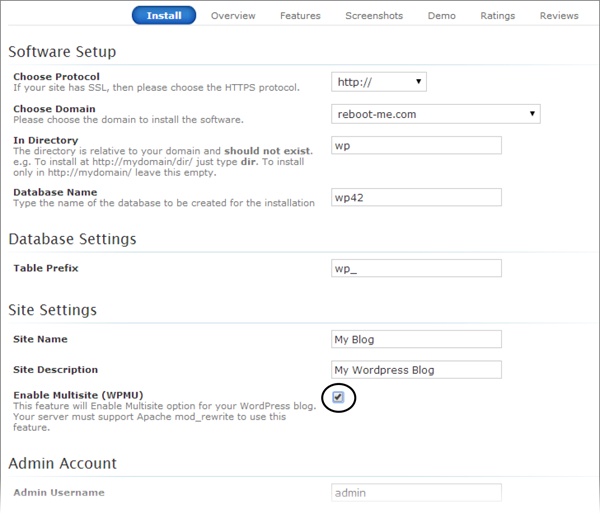 To tell Softaculous to create a multisite network, turn on the corresponding checkbox (circled). In this example, you’re creating the network in the root folder of the reboot-me.com domain.