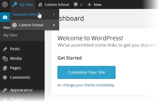 The My Sites drop-down menu lists all the sites you own in a network and, most importantly, the Network Admin command that lets you enter network administrator mode.