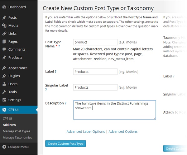 The Custom Post Type UI plug-in asks you to fill in the details for your custom post type so that it can create the code you need.