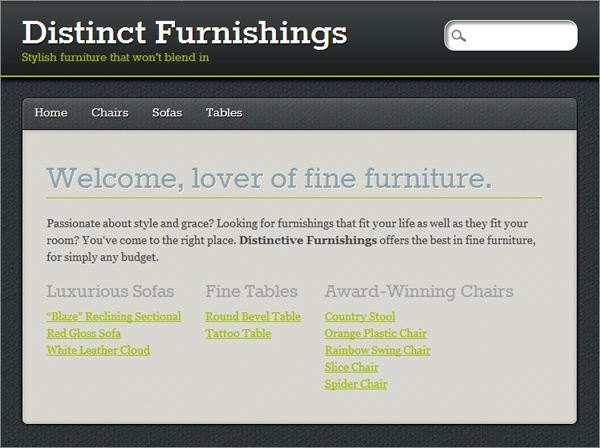 The links in this custom home page give readers a bird’s-eye view of the products Distinct Furnishings offers. Because the content is brief and well-organized, the links don’t become overwhelming.