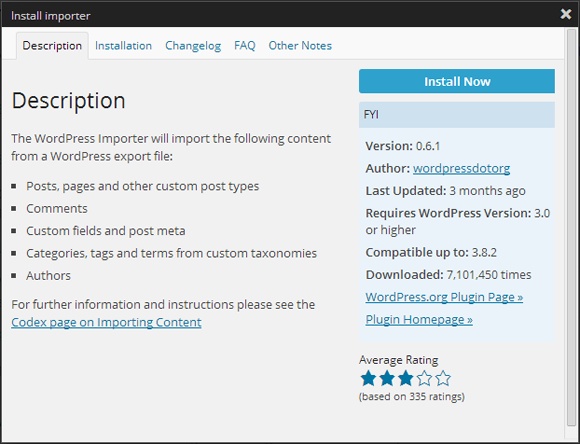 WordPress self-hosters need to install the Importer plug-in before they can suck in any data. The first time you try to import something, you see this window, which describes the plug-in and lets you install it.