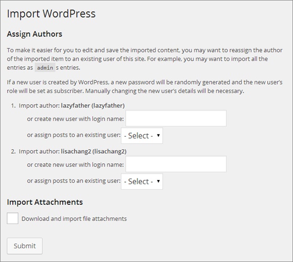 In this example, the imported posts have two authors. You can choose to transfer this author information to your new site or assign the posts to different authors.