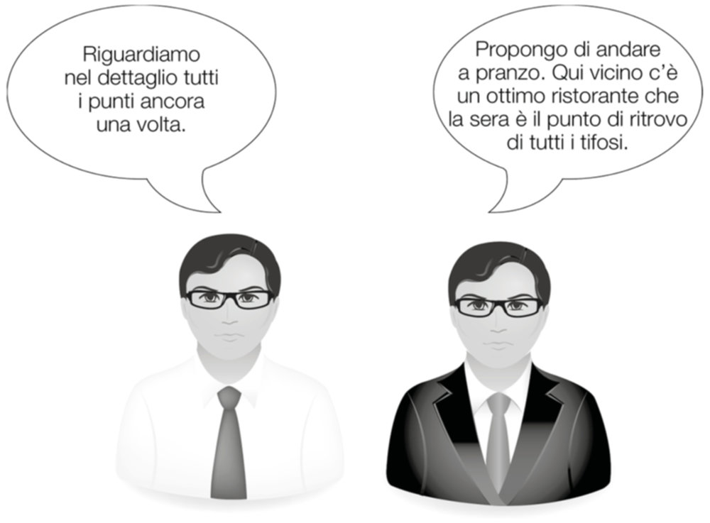 Riguardiamo nel dettaglio tutti i punti ancora una volta. Propongo di andare a pranzo. Qui vicino c’è un ottimo ristorante che la sera è il punto di ritrovo di tutti i tifosi.