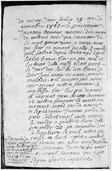 Notice in Du Junca’s Journal of the death of the masked prisoner in the Bastille (November 19, 1703).