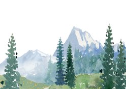 A picture of a watercolor painting with a scenic mountain and a few trees