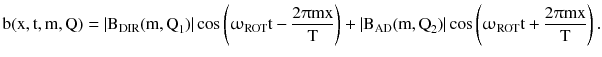 $$ {\text{b}}({\text{x}},{\text{t}},{\text{m}},{\text{Q}}) = \left| {{\text{B}}_{\text{DIR}} ({\text{m}},{\text{Q}}_{1} )} \right|\cos \left( {{\upomega }_{\text{ROT}} {\text{t}} - \frac{{2{\uppi}{\text{mx}}}}{\text{T}}} \right) + \left| {{\text{B}}_{\text{AD}} ({\text{m}},{\text{Q}}_{ 2} )} \right|\cos \left( {{\upomega }_{\text{ROT}} {\text{t}} + \frac{{2{\uppi}{\text{mx}}}}{\text{T}}} \right). $$