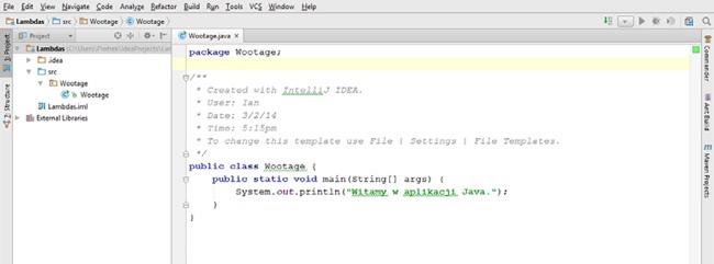Okno IntelliJ z wpisanym kodem klasy