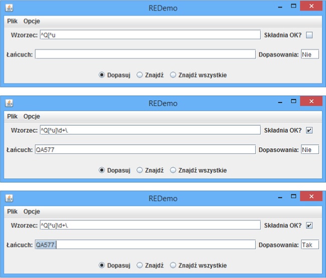 Program REDemo z wyrażeniem „Q, po którym nie występuje u”