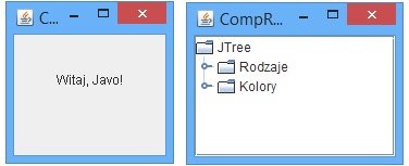 Program CompRunner przedstawiający komponenty DrawStringDemo2 (z lewej) oraz javax.swing.JTree (z prawej)