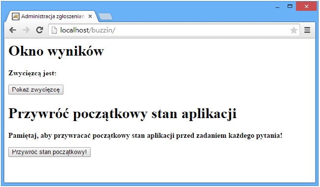 Możliwości, jakimi dysponuje administrator gry prowadzonej przy użyciu serwletu BuzzInServlet