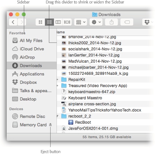 Good things to put in the Sidebar: favorite programs, disks on a network you often connect to, or a document you’re working on every day. You can drag a document onto a folder icon to file it there, drag a document onto a program’s icon to open it with the “wrong” program, and so on.