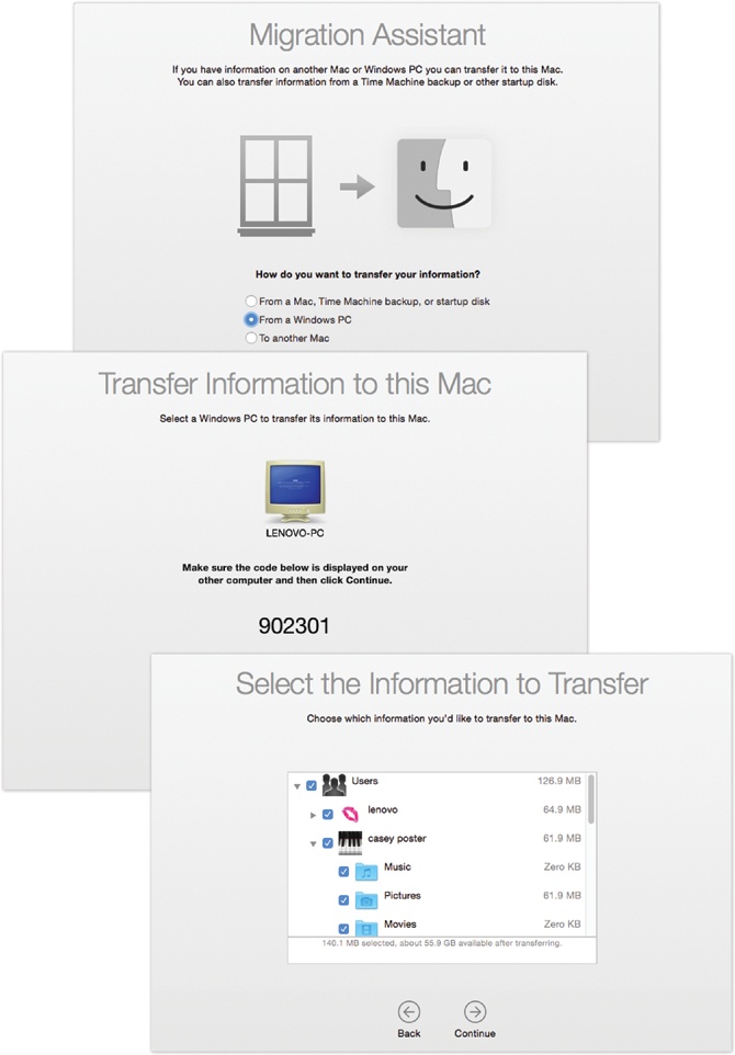 Here’s the Mac’s view of the Windows Migration Assistant procedure.Top: Tell it you’re transferring data from a PC.Middle: Here’s the passcode that, if you’re lucky, also shows up on the PC’s screen. (You don’t have to type it in anywhere, so it’s not really a passcode.)Bottom: Eventually, you’re asked what stuff you want to transfer.The copying process can take a very long time—hours. The “time remaining” indicator may not be especially accurate.