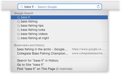 As you type, Safari offers autocomplete suggestions from Google’s own Suggest feature; below that, it shows the matching pages that you’ve either bookmarked or visited recently.To spare yourself the tedium of typing, click the correct complete address with your mouse, or use the key to reach the desired listing and then press Return. The complete address you select pops into the toolbar.