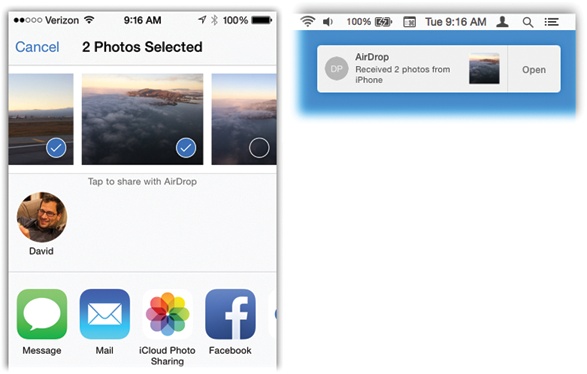 AirDrop now goes both ways: from iPhone to Mac (shown here), or Mac to iPhone. Actually, it goes many more ways than that, because the iPad and iPod Touch can do it, too.