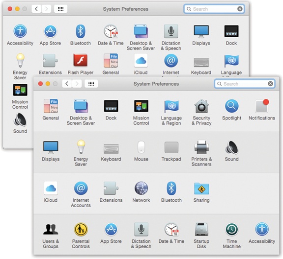 You can view System Preferences icons alphabetically (top), rather than in rows by function (bottom); just choose View→Organize Alphabetically. Non-Apple preference panes appear in a final row.Super-top-secret trick: If you choose Customize (from the View menu or, believe it or not, the Show All button), the icons here sprout checkboxes. You can turn off—and hide—the icons you never use. (You can still choose their names from the View menu.)