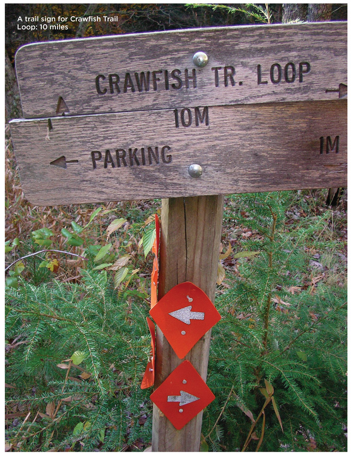 A trail sign for Crawfish Trail Loop: 10 miles