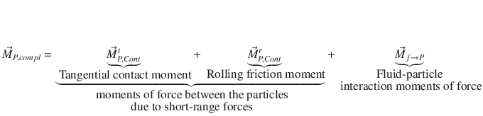 
$$\displaystyle{ \vec{M }_{P,compl} =\mathop{\underbrace{ \mathop{\underbrace{\vec{M } _{P,Cont}^{t}}}\limits _{\mbox{ Tangential contact moment}} +\mathop{\underbrace{ \vec{M } _{P,Cont}^{r}}}\limits _{\mbox{ Rolling friction moment}}}}\limits _{\stackrel{\mbox{ moments of force between the particles}}{\mbox{ due to short-range forces}}}+\mathop{\underbrace{\vec{M } _{f\rightarrow P}}}\limits _{\stackrel{\mbox{ Fluid-particle }}{\mbox{ interaction moments of force}}} }$$
