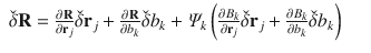 
$$\displaystyle\begin{array}{rcl} \check{\delta }\mathbf{R} = \frac{\partial \mathbf{R}} {\partial \mathbf{r}_{j}}\check{\delta }\mathbf{r}_{j} + \frac{\partial \mathbf{R}} {\partial b_{k}}\check{\delta }b_{k} +\varPsi _{k}\left (\frac{\partial B_{k}} {\partial \mathbf{r}_{j}} \check{\delta }\mathbf{r}_{j} + \frac{\partial B_{k}} {\partial b_{k}} \check{\delta }b_{k}\right )& &{}\end{array}$$
