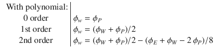 
$$\displaystyle{\begin{array}{c|l} \mbox{ With polynomial:}& \\ 0\mbox{ order} &\phi _{w} =\phi _{P} \\ 1\mathrm{st}\mbox{ order} &\phi _{w} = (\phi _{W} +\phi _{P})/2 \\ 2\mathrm{nd}\mbox{ order} &\phi _{w} = (\phi _{W} +\phi _{P})/2 - (\phi _{E} +\phi _{W} - 2\,\phi _{P})/8\\ \end{array} }$$
