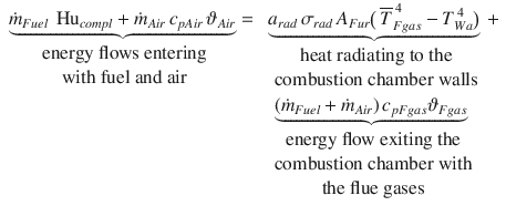 
$$\displaystyle{ \begin{array}{rl} \mathop{\underbrace{\dot{m}_{Fuel}\,\mbox{ Hu}_{compl} +\dot{ m}_{Air}\,c_{pAir}\,\vartheta _{Air}}}\limits _{ \begin{array}{c}\mbox{ energy flows entering}\\ \mbox{ with fuel and air}\end{array}} =&\mathop{\underbrace{a_{rad}\,\sigma _{rad}\,A_{Fur}\big(\,\overline{T}_{Fgas}^{\,4} - T_{Wa}^{\,4}\big)}}\limits _{\begin{array}{c}\mbox{ heat radiating to the} \\ \mbox{ combustion chamber walls}\end{array}}+ \\ &\mathop{\underbrace{(\dot{m}_{Fuel} +\dot{ m}_{Air})\,c_{pFgas}\vartheta _{Fgas}}}\limits _{ \begin{array}{c}\mbox{ energy flow exiting the} \\ \mbox{ combustion chamber with} \\ \mbox{ the flue gases} \end{array}} \end{array} }$$
