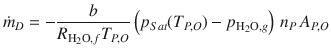 
$$\displaystyle{ \dot{m}_{D} = - \frac{b} {R_{\mathrm{H}_{2}\mathrm{O},f}T_{P,O}}\left (p_{Sat}(T_{P,O}) - p_{\mathrm{H}_{2}\mathrm{O},g}\right )\,n_{P}\,A_{P,O} }$$
